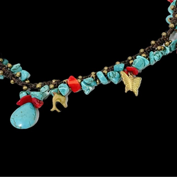 REAL Turquoise and coral and brass charm necklace - Picture 2 of 2